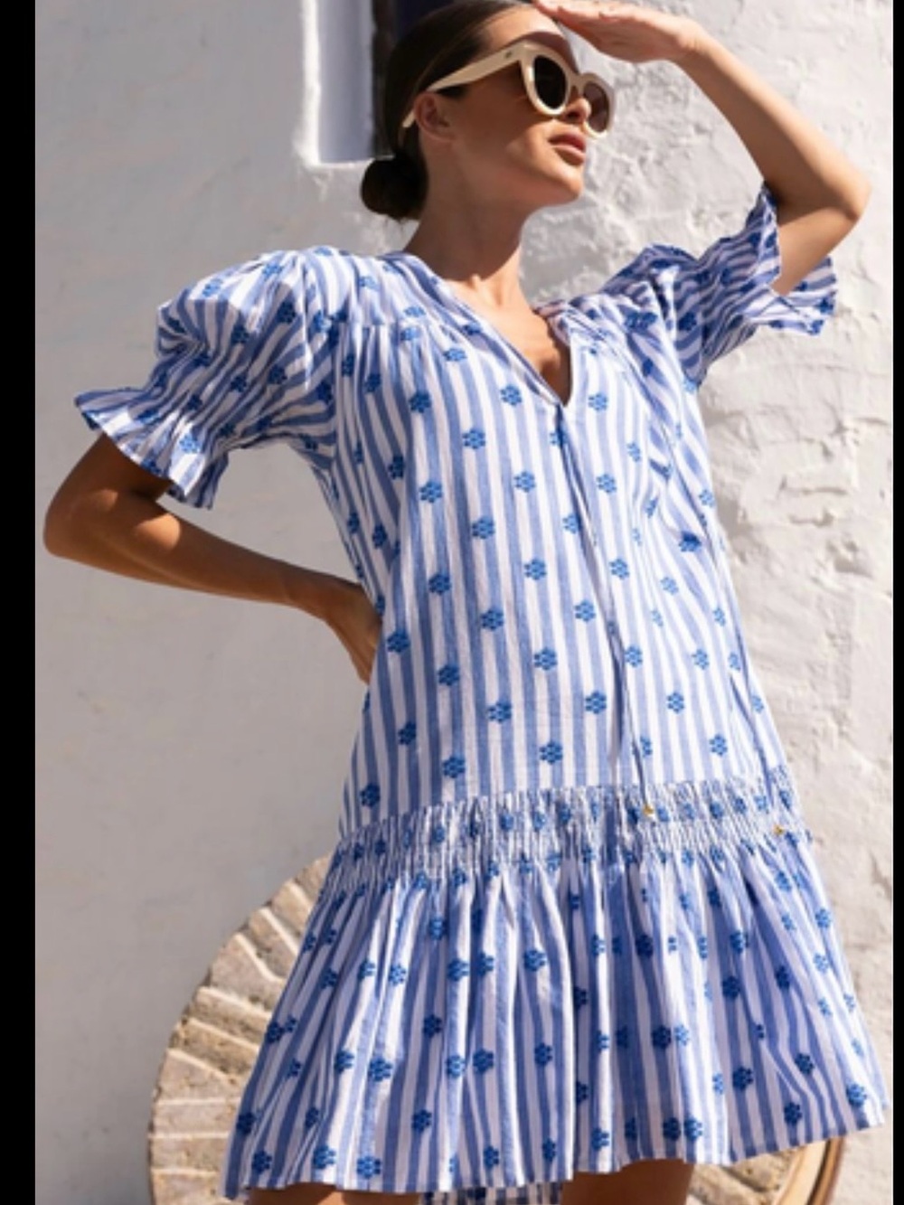 Oliphant Blue and White Striped Floral Smock drop mini